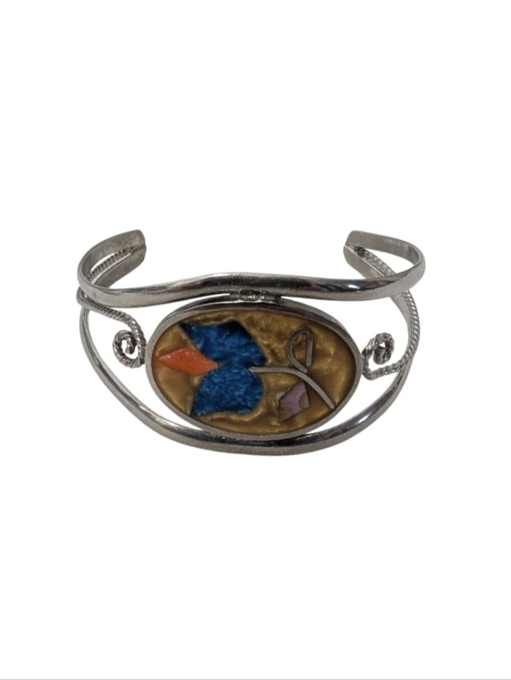 Alpaca Cuff Bracelet with Blue and Orange Inlay